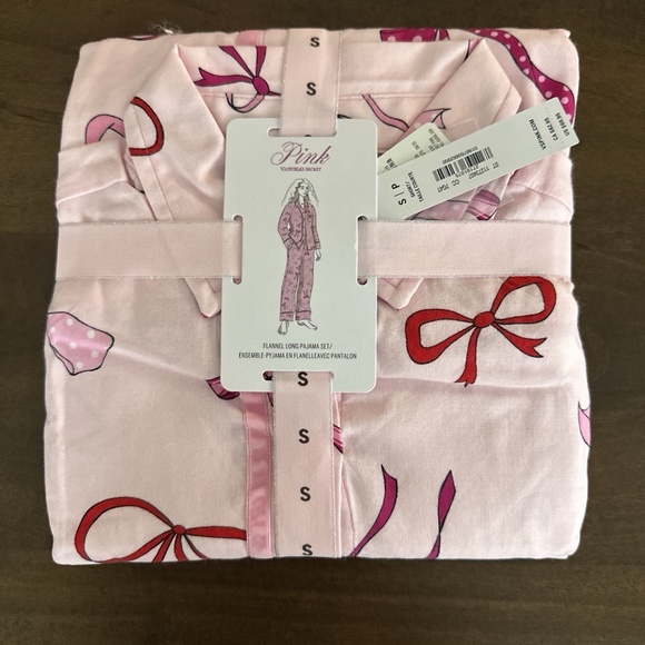 Victorias Secret PINK FLANNEL LONG PAJAMA SET Pink Tulip Bows SMALL SHORT NEW - Picture 3 of 5